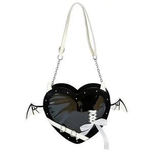 RIVERICH Heart-Shaped Demon Wings PU Shoulder Bag - 2-in-1 Crossbody Purse with Removable 3D Wing Accents & Chain Strap, Edgy Cute Alternative Fashion Bag features a clear window option for pins or a solid Vegan Leather Body, Perfect for Y2K, Gothic