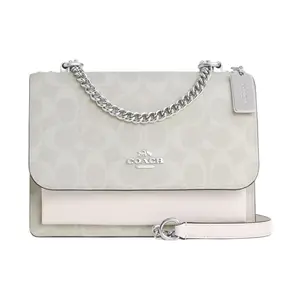COACH Klare 21 Signature Monogram Flap Bag with Canvas and Leather Accents, Small Crossbody for Women in Glacier White