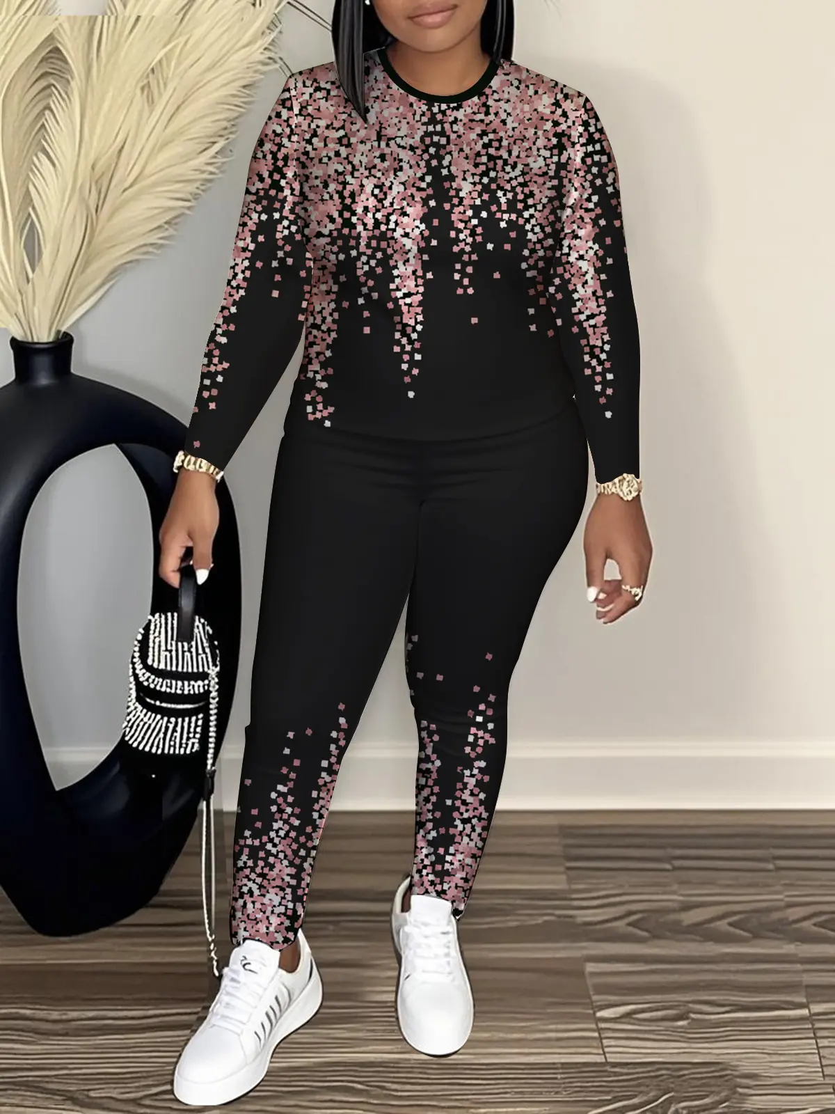 Women's Plus Size 2-Piece Glamour Clothing Set - Glitter Sequin Long Sleeve Crew Neck Fitted Top, Matching Casual Polyester Pants, All Seasons, 3XL Womenswear Black
