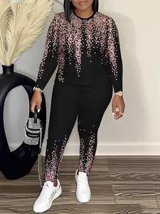 Plus-size Sequin Casual Suit - Black with Pink Glitter Long Sleeve Top & Matching Pants Set for Women
