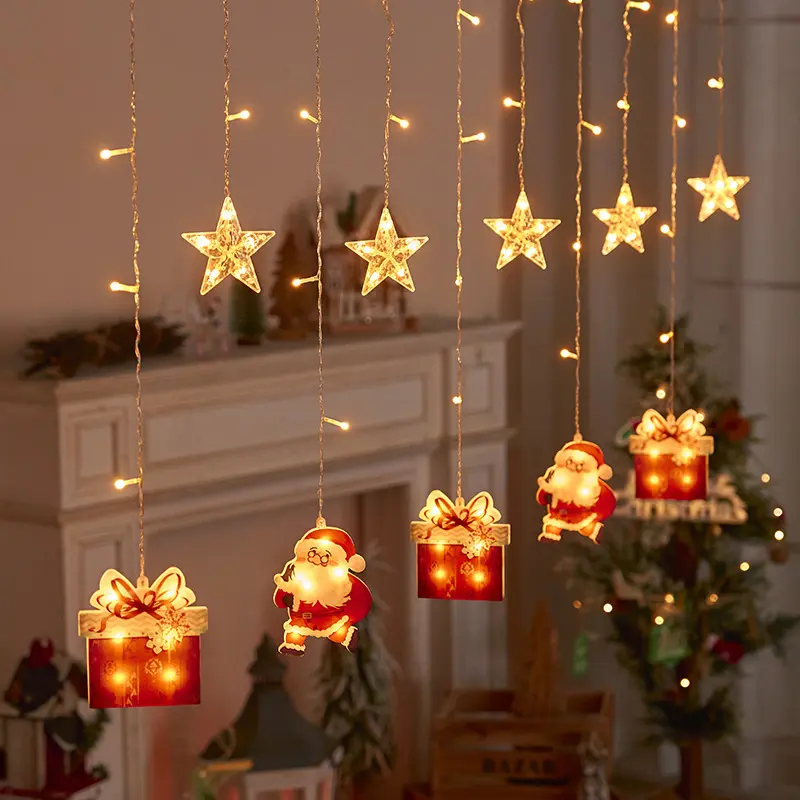 10 FT LED String Curtain Lights - Star, House, Santa Plastic Ornaments with Hanging Loop, Remote Control, Customizable for Window Display, Indoor/Outdoor Christmas Holiday Home Decoration, Led String Lights, Star & Santa