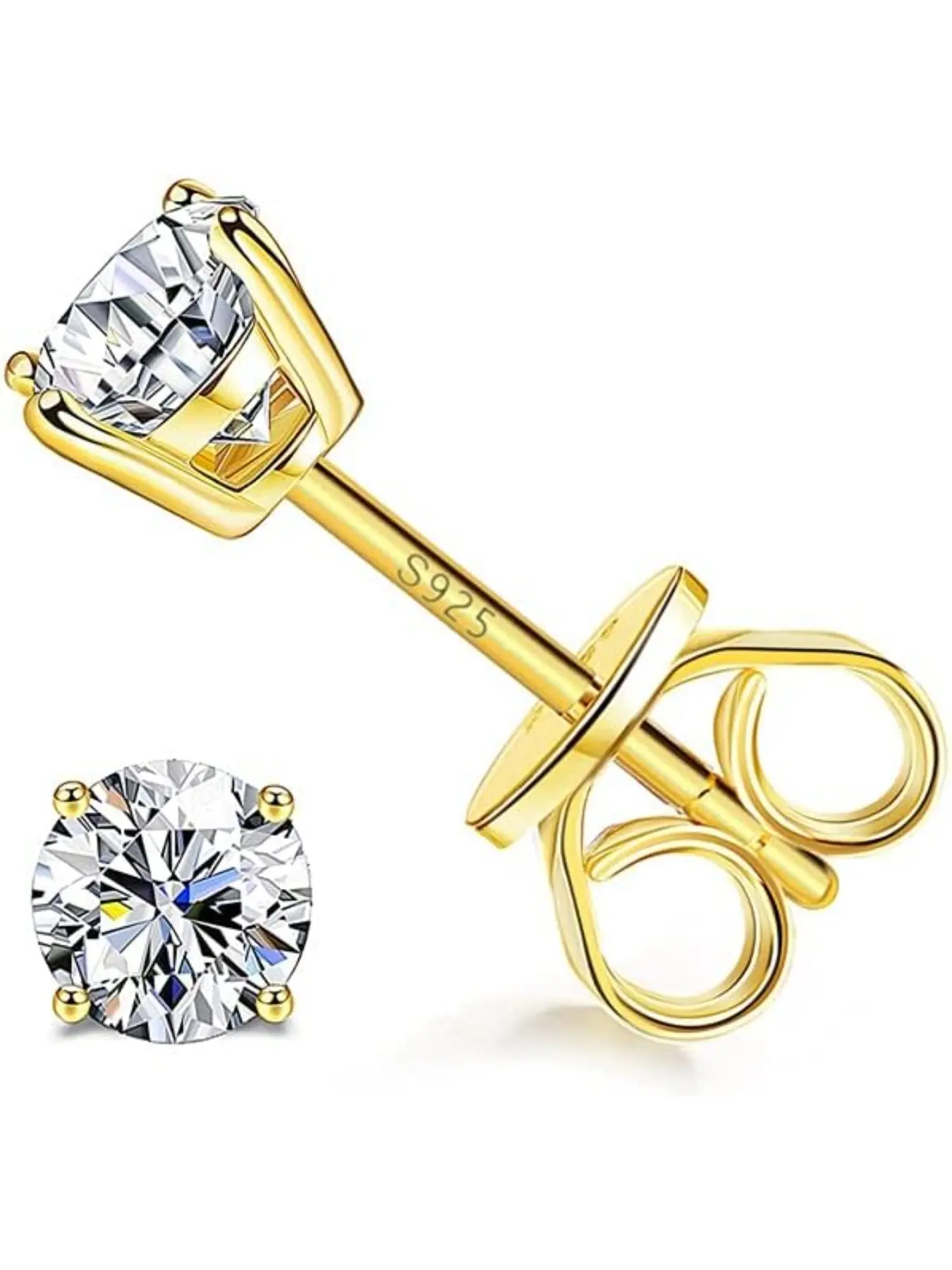 Sterling Silver Color Cubic Zirconia Stud Earrings, Gold Plated Round Cz Earrings for Sensitive Ears, Hypoallergenic Cz Earrings, Artificial Zirconia Earrings, Unisex Jewelry Gift Idea, Sparkling Ear Jewelry