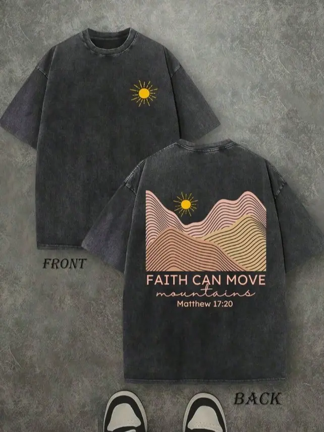 Vintage Washed "Faith Can Move Mountain" Scripture Double-Sided Graphic Tee | 230gsm Heavyweight Premium Pure Cotton Short Sleeve Tops, Retro Faith Streetwear, Unisex Casual Shirts for Men Women, Ideal Daily Wear & Holiday Gift