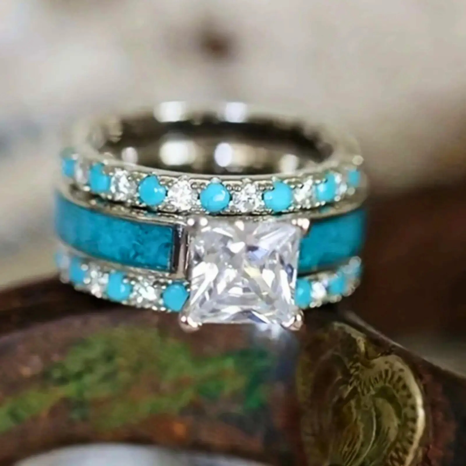 3-in-1 Wedding Jewelry – Stylish Turquoise Engagement Ring Set, A Meaningful Gift for Women and Couples on Special Occasions