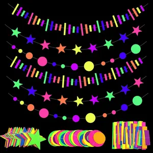 96ft UV Neon Paper Garland Round Dot Star Rectangle Kit UV Reactive Glow in The Dark Streamers Banners for Glow Birthday Black Party Decorations Supplies