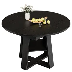 43.3" Extendable Round to Oval Dining Table for 4-8, Space Saving Kitchen Table with Under-Top Storage & Shelf, Modern Wood Base for Daily Meals and Gatherings