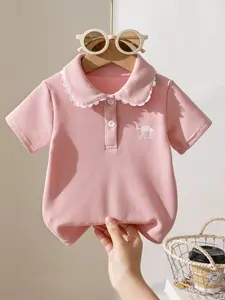 Baby Girl Short Sleeve Polo Shirt, Embroidered Lace Collar, Simple Design, Summer Fashion, Cute and Comfortable Top