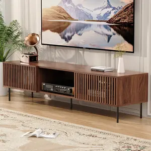 HOMMPA 70 Inch TV Stand for TVs Up to 80'', Mid Century TV Stand with Slatted Door Design, Modern Media Console with Storage Cabinet & Drawer, Entertainment Center for Livingroom, Walnut