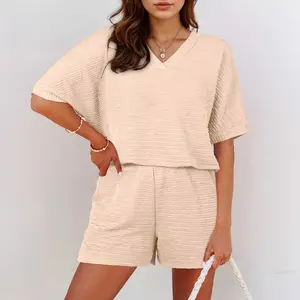 Apricot Textured V Neck T Shirt and Shorts Set