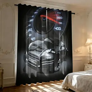 2 Piece Printed Curtains with Car Speedometer Pattern, Rod Pocket Design, Half-Transparent Privacy Curtains for Bedroom Living Room Kitchen Closet Study Home Decor, Window Curtain, Easy Install Curtain
