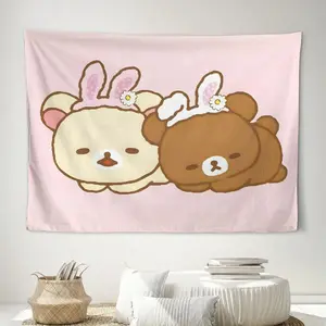 Rilakkuma Large Wall Hanging Tapestry - Cute Cartoon Character with Pink Bunny Ears & White Tails, Peach Light Beige Fabric, Horizontal Orientation for Cafe, Studio, or Lounge Decor - No Electricity Needed, Cafe Wall Art | Playful Design Gift Multicolor