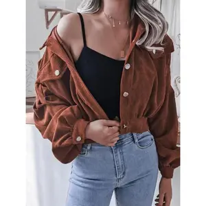 Women's Fashion Short Jacket, Button Front Corduroy Jacket, Casual Plaid Long Sleeve Short Jacket, Ladies Top for Fall & Winter