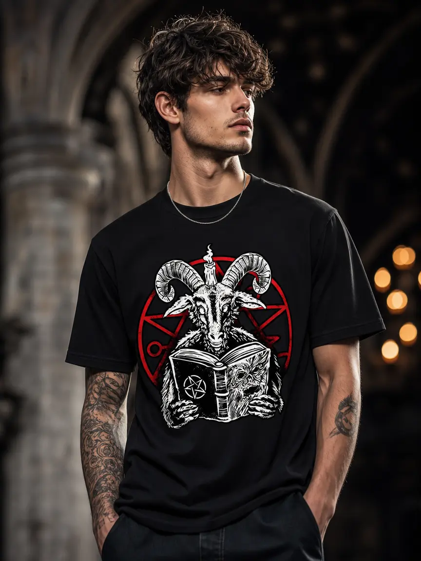Men's Gothic Cotton T-Shirt - Baphomet Goat Pentagram Graphic, Casual Short-Sleeve Round Neck, Letter Print, Fitted, Dark Art Fashion Tee, Machine/Cold Washable, Tshirt, Menswear, Tops, Crew Neck, Dark Art Theme, Shortsleeve, Gothic Look, Bold Graphics, V