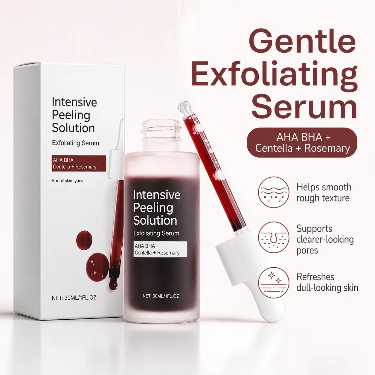 AHA BHA Exfoliating Facial Serum, Gentle Peeling Solution with Centella & Rosemary, Hydrating Skin Care Treatment for Smooth Looking Skin