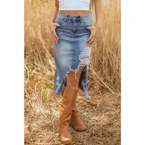 Alexis Irregular Distressed Bottom Denim Midi Skirt