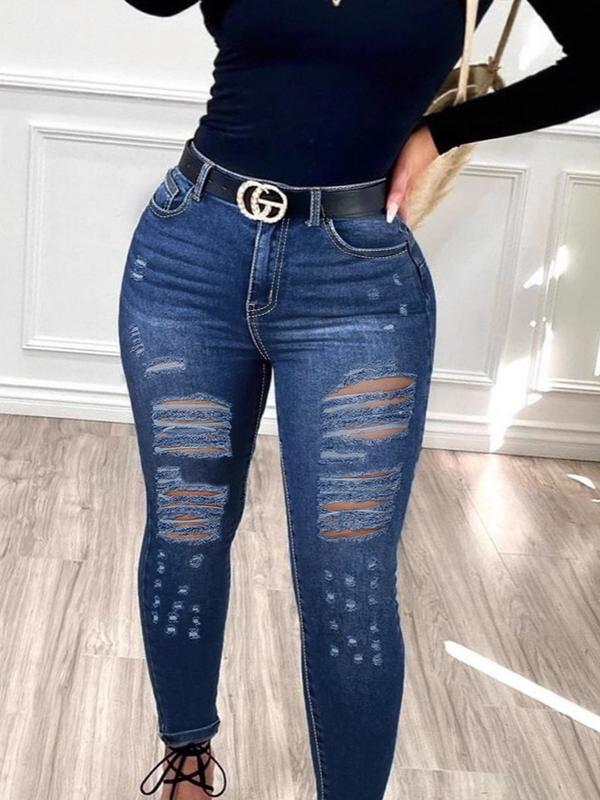 Women's Plus Size Ripped Skinny Jeans YY3165 High Stretch Distressed Denim Pants All Seasons Comfortable Trendy Fit Casual Fabric Streetwear Fashion Bottom Everyday Trouser