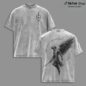 Women's Fitted Streetwear T-Shirt - Short-Sleeve, Round/Crew Neck Top, Archangel Michael Sanctus Print with Flaming Sword, Shield, Scales of Justice, Breathable, Distressed, Lightweight Vintage Christian Casual Apparel - Gym Pump Cover
