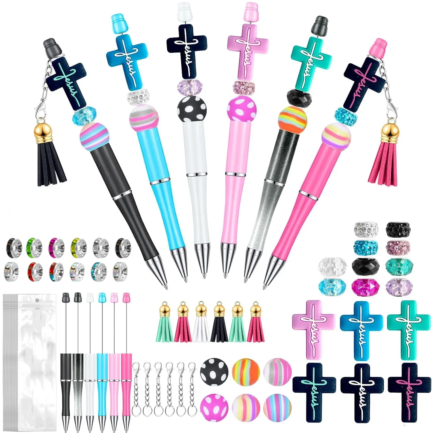 58pcs/6sets Beadable Pens Bulk with Colorful Silicone Beads, DIY Pen Making Kit, Smooth Writing Beaded Pen, Special Pen, Unique Pens, Gift, Office, School