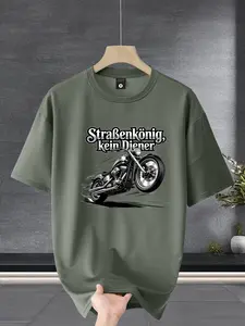 Men's Oversized Casual T-Shirt, Harley-Davidson Motif, German Slogan, Breathable Fabric, Fitted Long Sleeve, All Seasons Wear