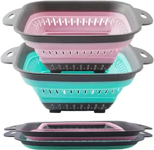 Colander Set, Square Round Triangles Silicone Kitchen Strainer Perfect for Draining Pasta Vegetable fruit 2 PCS (10.8"L x 8.6"W x 2"H, Red & Green)