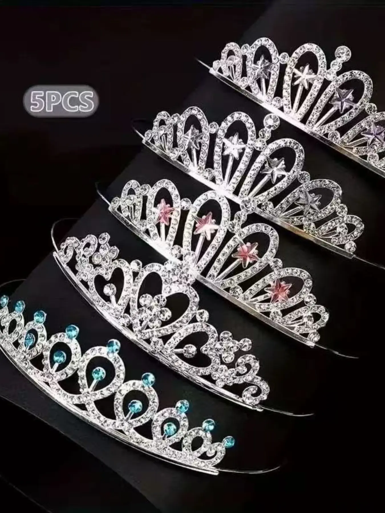5 Piece Silver Color Princess Crown Hairbands Set, Elegant Crown Design, Perfect Birthday Party Gift for Girls, Fashion Alloy Headwear Accessories, Hair Crowns, Hair Accessory