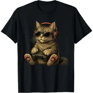 Vintage 100% Pure Cotton Retro Internet Culture Short Sleeve Tee | Retro Aesthetic Ironic Cute Nerd Cat Black TShirt | Unisex Heavyweight Boxy Streetwear Casual Clothes, Premium Teens Gaming Gag Gift