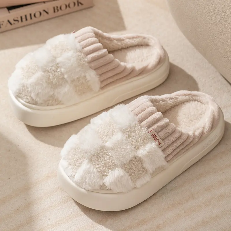 Women’s Cozy Checkered Home Slippers, Soft Indoor House Shoes with Memory Foam Cushioning and Comfortable Slip On Design, Warm Casual Footwear with Non Slip Sole for Bedroom, Apartment, Dorm, Home Office, Daily Relaxation and Winter Wear