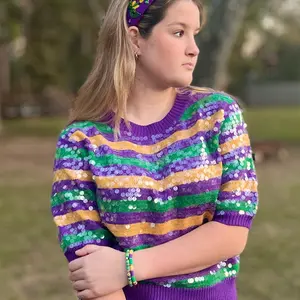 Jazzy Clear Sequin Sweater Top Lightweight Striped Comfortable