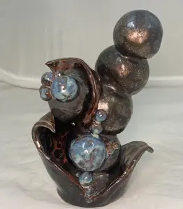 Handmade Abstract Ceramic Sculpture – Glossy Glaze with Metallic and Blue Accents