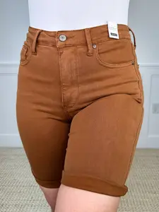 Judy Blue Tess Tummy Control Bermuda Denim Shorts - Brown (Non-Distressed)
