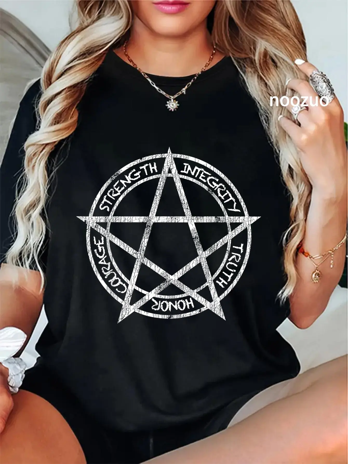 Women's Whimsical Tshirt, Vintage Cotton Top with a Distressed Pentagram Graphic Print and Short Sleeves, Casual, Distressed Print, Lady, Round Neck, Pentagram Print