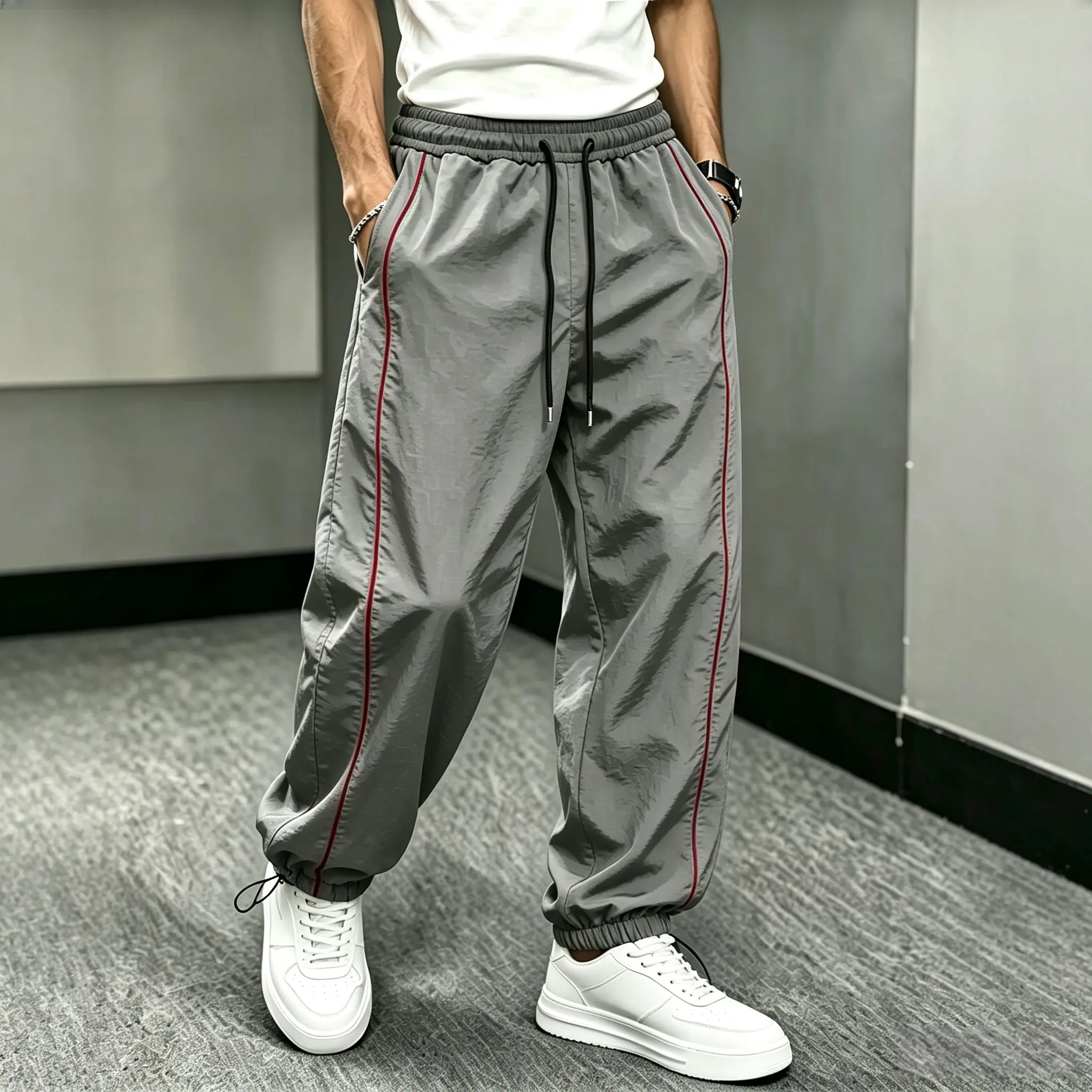 Men’s lightweight nylon jogging pants with red side stripes, elastic drawstring waist, quick-dry tapered fit—casual sports long pants for fitness and everyday wear
