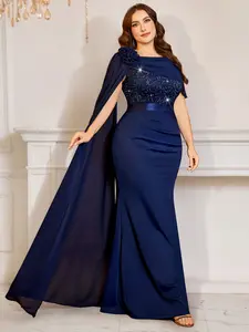 MISSMAY P55858A Plus Lady Sequin Floral Lightweight Lace Chiffon Cloak Sleeve Three-Dimensional Extra Long Sleeve Flower Insert Shoulder Ruched Mermaid Hem Formal Party Long Dress