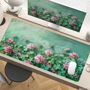 Clover Field Desk Mat Gaming Mouse Pad XXL Extended Mouse Pad for Laptop, Desk Accessories, Large Mouse Pad with Non - Slip Rubber Base & Stitched Edges, Green & Pink Nature Freshness for PC Gamers, Office Workers & Home Use, Gaming Desk Accessory