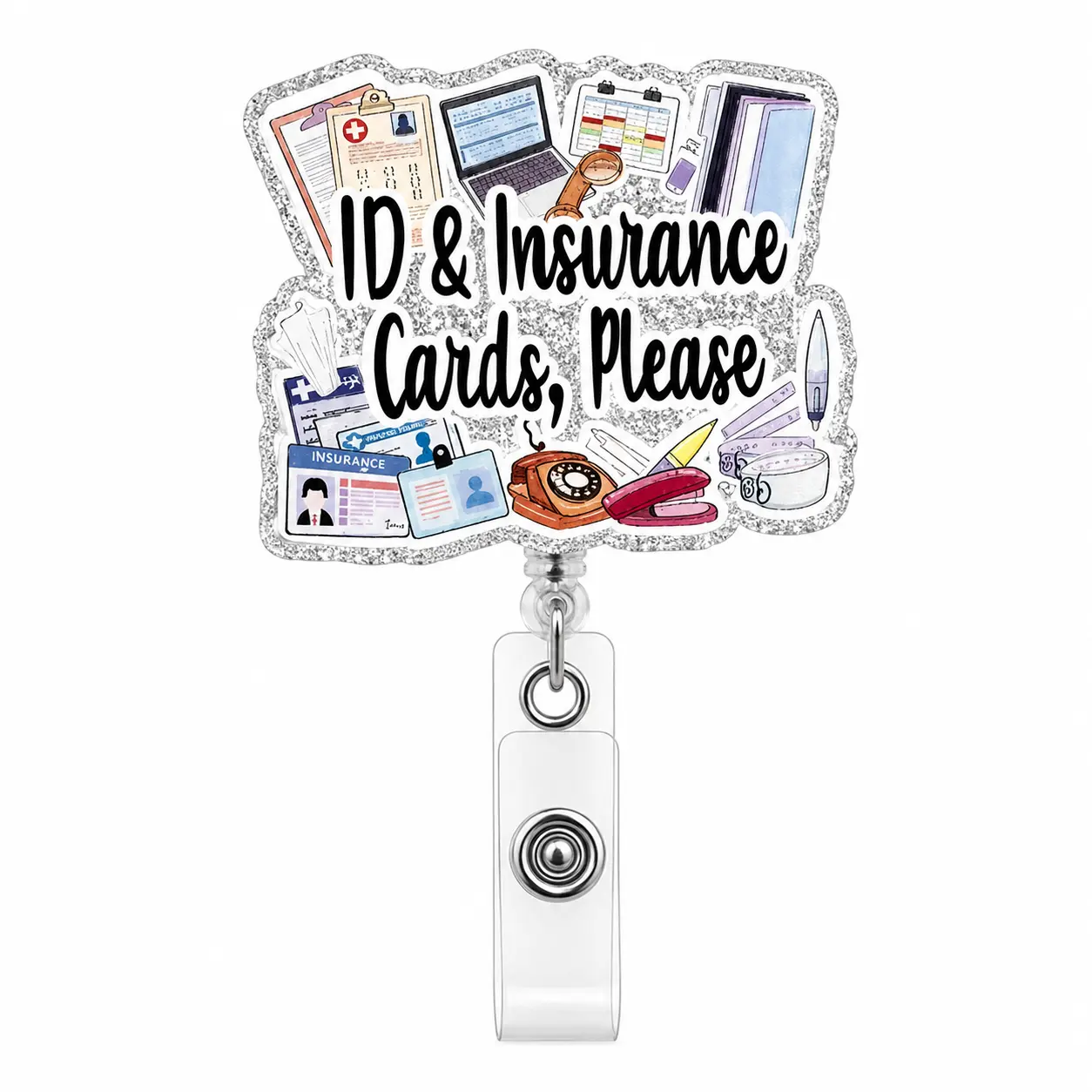ID & Insurance Cards Please Badge Reel, Medical Receptionist Retractable ID Badge Holder, Glitter Front Desk Badge Clip for Clinic Hospital and Office Staff
