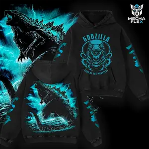 Godzilla Blue Thunder King Of Monster Monsterverse Kaiju Retro Unisex Vintage Double Printed Heavyweight Cotton Oversized Shirt Wash Tee, Washed Hoodie Workout Clothes, Clothes for Daily Wear