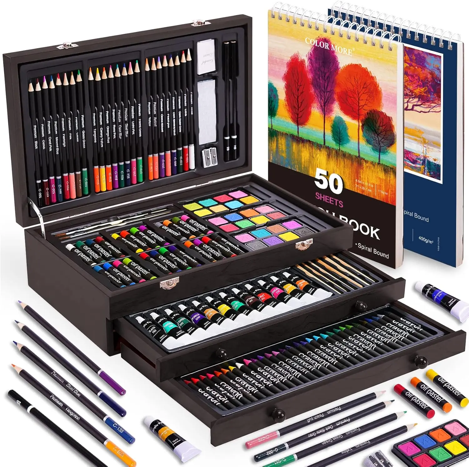 175 Piece Deluxe Art Set with 2 Drawing Pads Acrylic Paints Crayons Colored Pencils Paint Set in Wooden Case Professional Art Kit