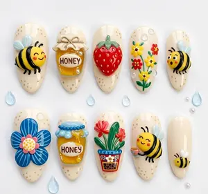 Handmade Sweet Honey Bee Press On Nails | 3D Strawberry, Honey Jar, Floral & Water Drop | Almond Nails For Whimsical Summer Vibe