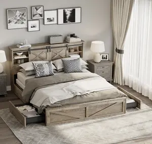 【Sub 2 packages】Niccae Farmhouse Bed Frame King Size with LED Lights and Charging Station, Wooden KING Bed with 2 Storage Drawers, Rustic Headboard with Sliding Barn Door Storage Cabinets