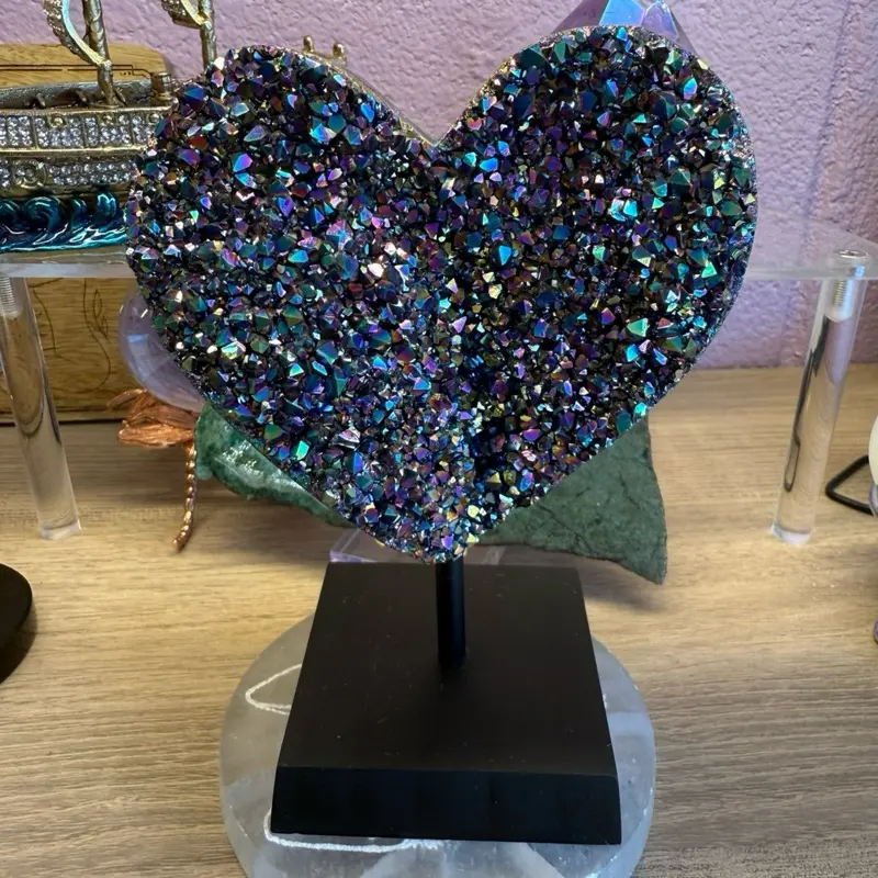 Titanium Aura Quartz Heart on Stand – High-Vibration Energy & Spiritual Healing Crystal