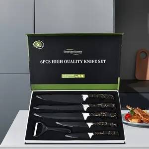 Selected for you: 6-piece knife set with non-stick marble ceramic coating, handcrafted stainless steel meat cleaver, stainless steel black kitchen knives, paring knife, and professional chef's knife. Block Utensils Kitchenware Slicer Home