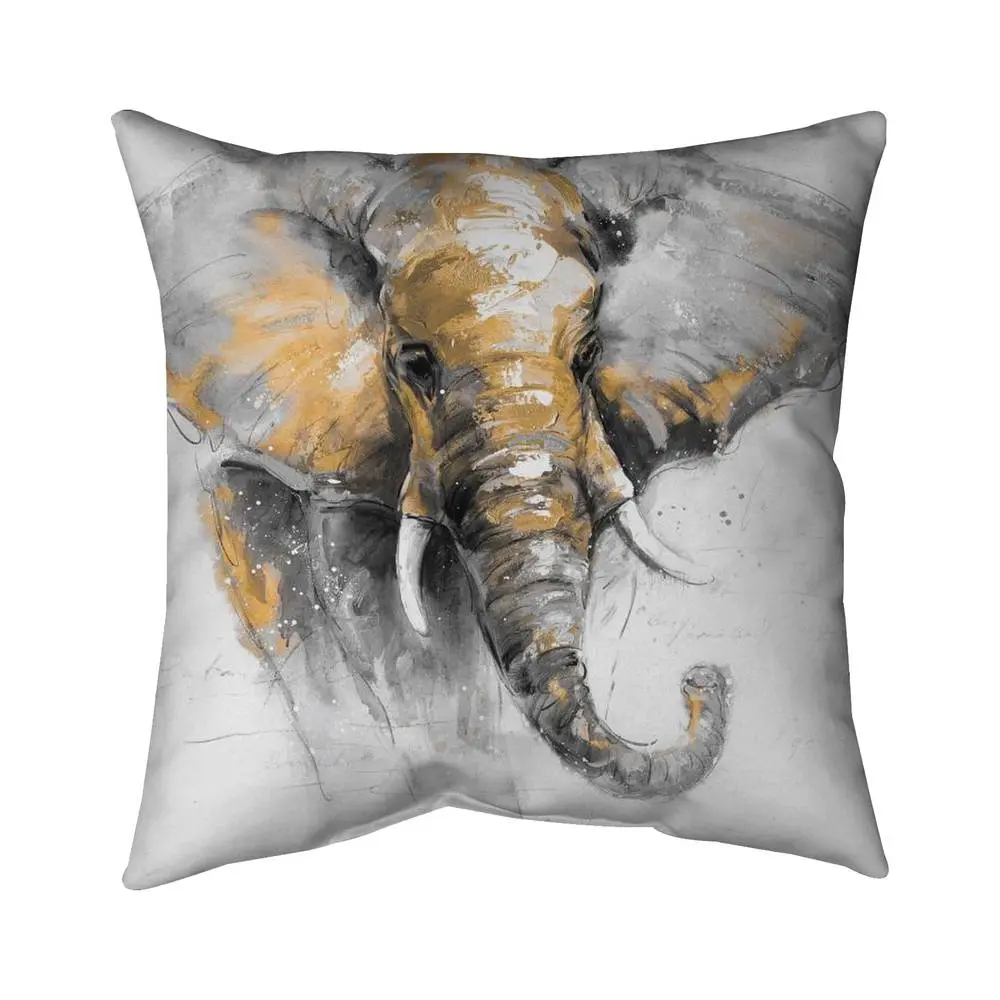 360 Stand 5541-1616-AN53-1 16x16 in. Contemporary Gray Square Soft Padded Seat Cushion Pillow, Featuring Golden Elephant Decor, Soft Padded Cushion, Square Seat Cushion