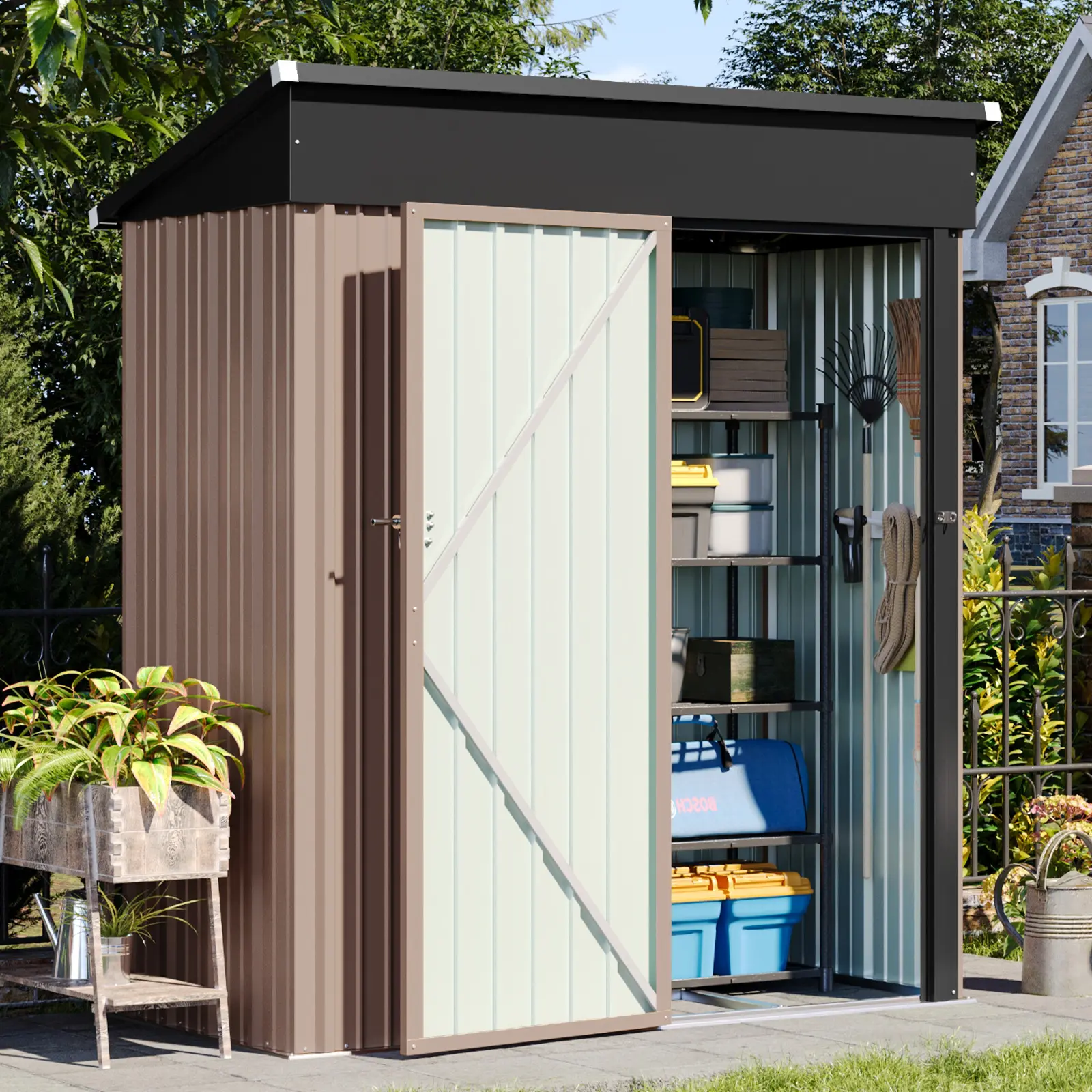 Aoxun Galvanized Steel Outdoor Storage Shed (5x3 ft/61x33x71 in) - Powder-Coated, Rustproof, Water-Resistant, Durable Tool House with Slanted Roof, Stainless Latch, Base Frame, Expansive Single-Door Layout for Patio, Brown (Assembly Required)