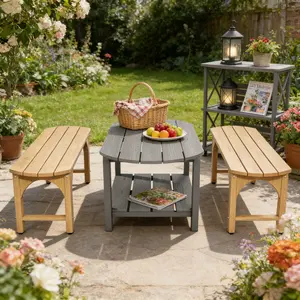 Outdoor Patio Furniture Set -Two Backless Outdoor Benches-Coffee Table for Garden