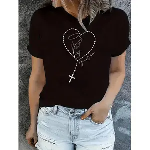 Casual Women's Short Sleeve TShirt Featuring Angel Heart Cross Geometric Print in Black and White Graphic Design Soft Stretch Round Neck Tee for Summer Comfortable Everyday Wear Nontransparent Fabric with Medium Elasticity