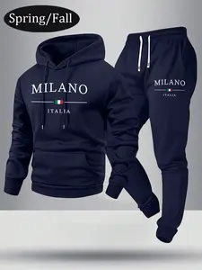Men's Milan Letter Print Hoodie & Sweatpants Set Spring Autumn Casual Drawstring Elastic Waist Two-Piece Gift for Husband Boyfriend