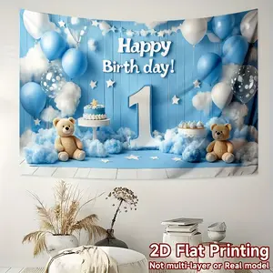Blue & White Birthday Party Backdrop Premium Polyester Photography Banner with Balloons Cakes & Happy Birthday Text Perfect for 1st Birthday Decor Photo Booths & Indoor Outdoor Celebrations 2D Flat Printing - Plastic Flags