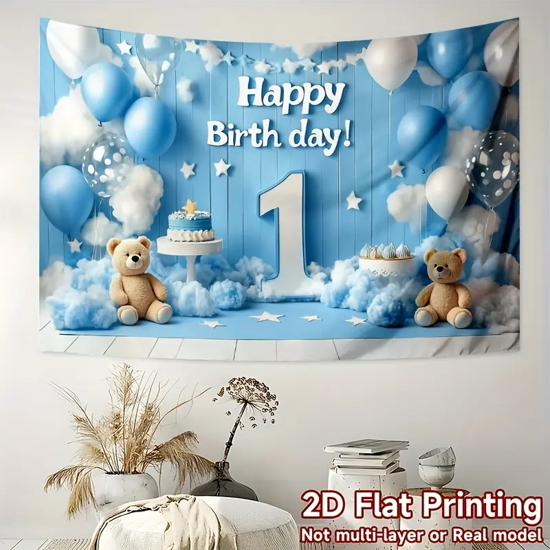 Premium Polyester Blue & White Wall Hanging Backdrop, 2D Flat Printing Party Photography Banner with Balloon Print, Cake & Happy Letter Text, Plastic Flags, Ideal for 1st Birthday Decor & Photo Booths, Casual Festive Backdrops & Banners, Anniversary