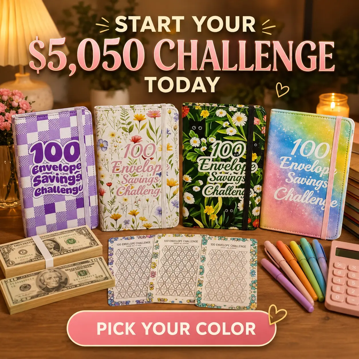 100 Envelope Challenge Binder, 100 Envelopes Money Saving Challenge Book, Cash Envelope Budget Binder with Savings Tracker and 50 PVC Sleeves, Easy Way to Save $5,050, Budget Planner