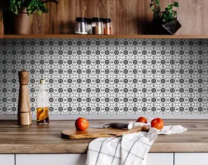 360 Stand Square Peel and Stick Removable Tiles, 5x5 in, Black & White, Easy-Apply Easy-Remove, Model 399966, for Kitchen Indoor Use